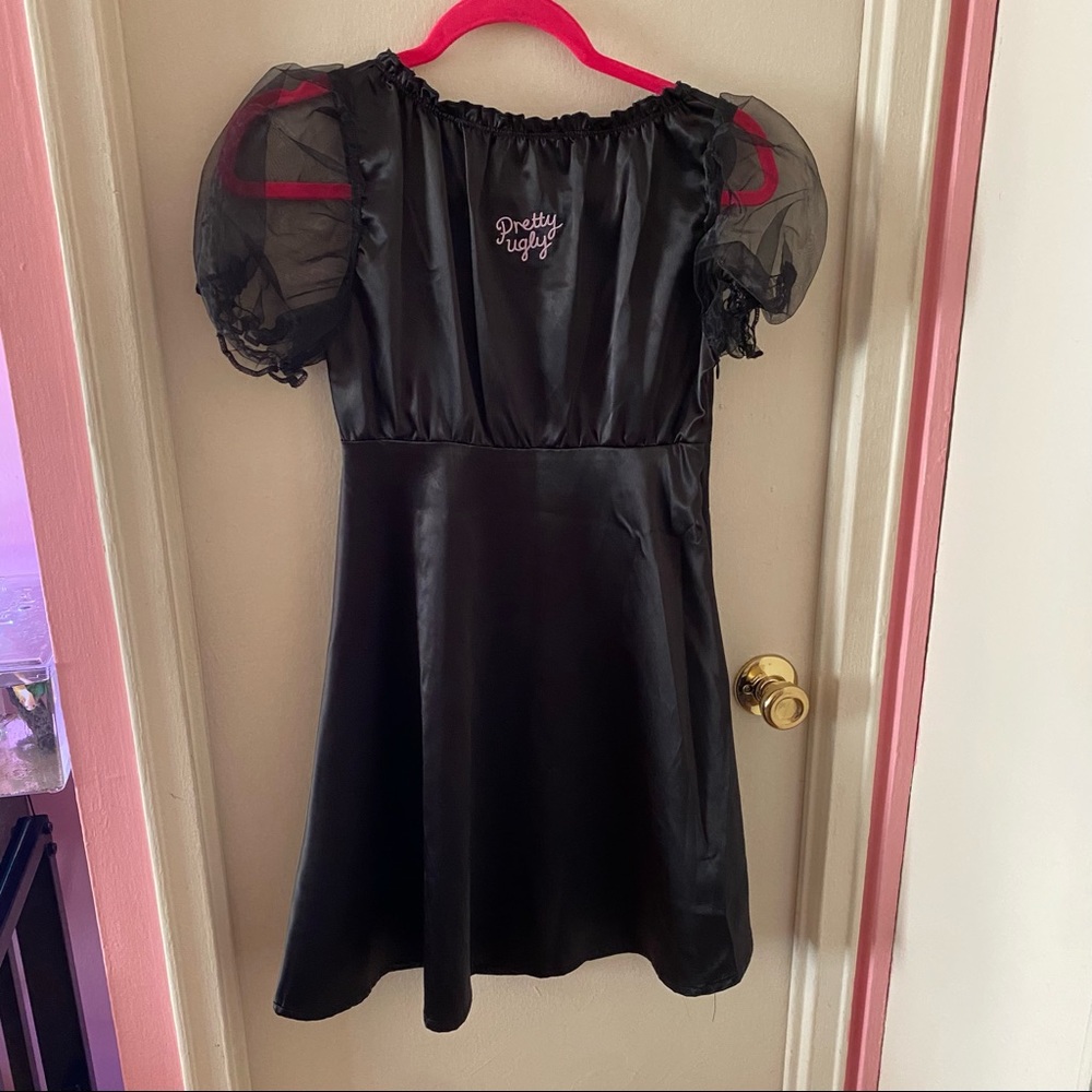 Lazy Oaf Black Babydoll Dress with Decorative Buttons and Puffy Mesh Sleeves - Picture 2 of 3